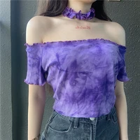 womens short t shirt sexy off shoulder crop top purple tie dyed ruffled sleeve aesthetic clothing korean fashion blouses 2022