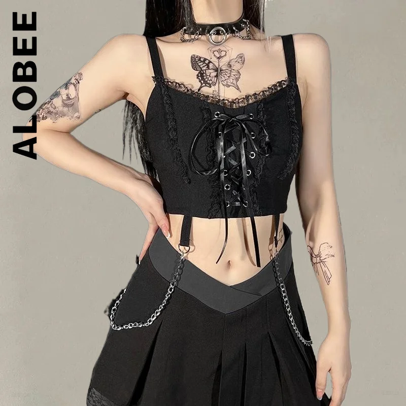 

Alobee Women Crop Top Sexy Tank Tops Sexy Pure Black Traf Spaghetti Strap Y2k Cropped Clothes Camisole Female