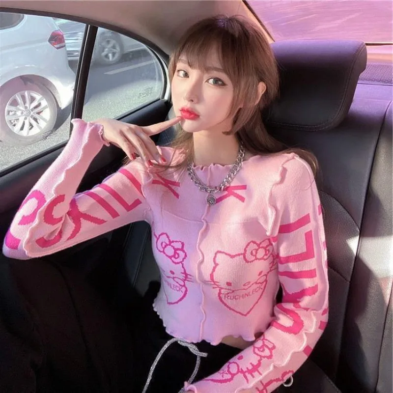 Hello Kitty милый вязаный свитер футболка модная короткая куртка женский теплый топ