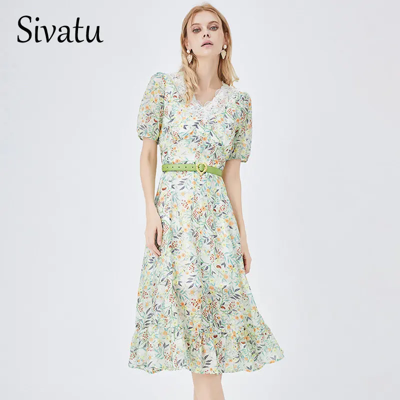 

Sivatu High-quality Green Flower Vintage Elegant and Pretty Women's Dresses Casual Shorts Sleeve Dressed Women 2023 Summer
