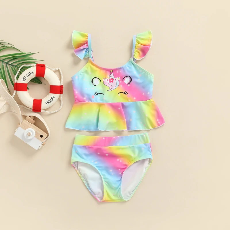 

Kids Girls Summer Swimsuits 2 Piece Kid Cartoon Animal Print Ruffled Short Sleeved Tops with Briefs Bathing Suit Swimwear