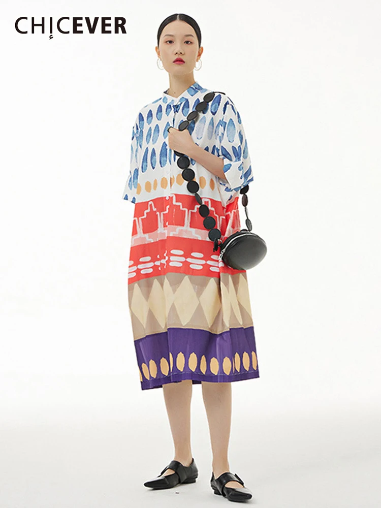 

CHICEVER Loose Print Colorblock Dress For Women Lapel Short Sleeve Oversized Midi Dresses Female Summer Clothes New 2022 Fashion