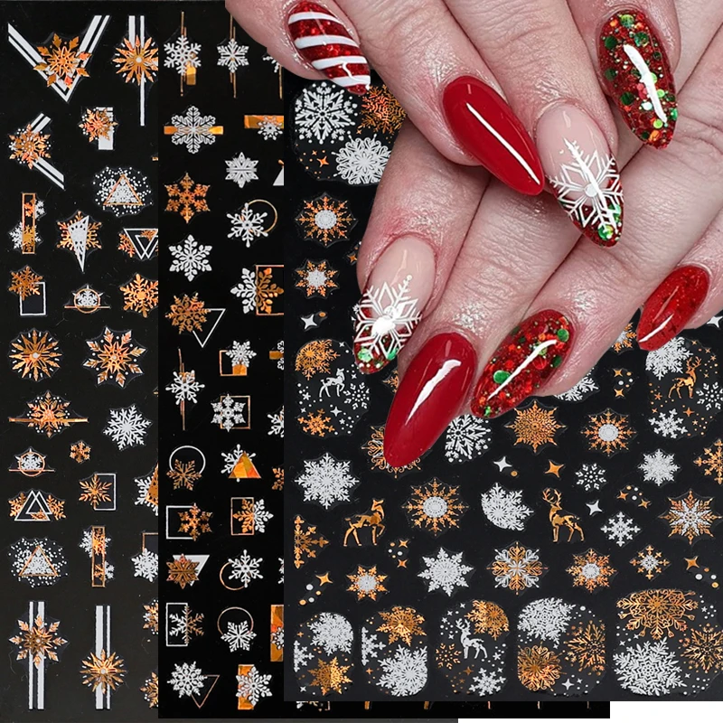

3D золотые Белые снежинки Лось наклейки для ногтей Новогодняя Рождественская наклейка Дизайн ногтей зимние украшения Маникюр слайд наклейки