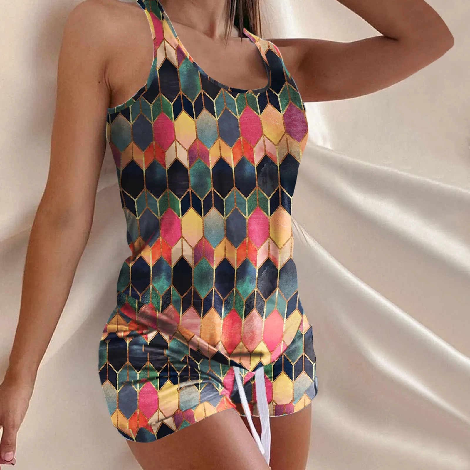 

Casual Print Sportswear Women's 2022 Summer Crop Top And Drawstring Biker Shorts Matching Two Piece Sets Sport Outfits