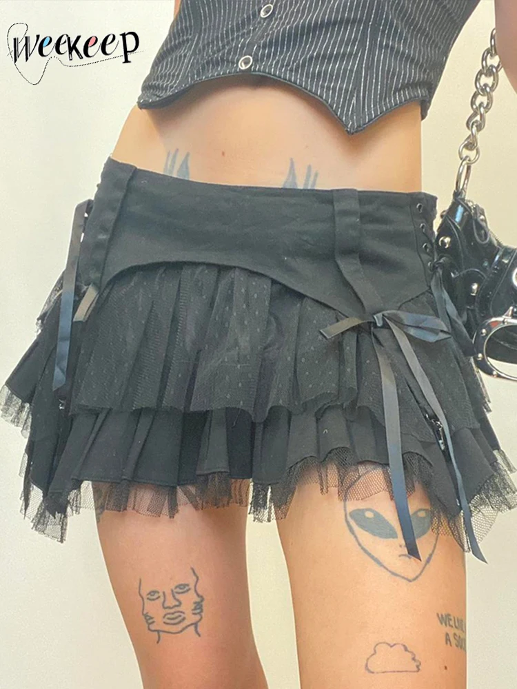 

Weekeep Gothic Mini Mesh Pleated Skirt Sexy Low Rise Bow Bandage Short Skirts Outfits For Women Punk Streetwear Fashion Clothing