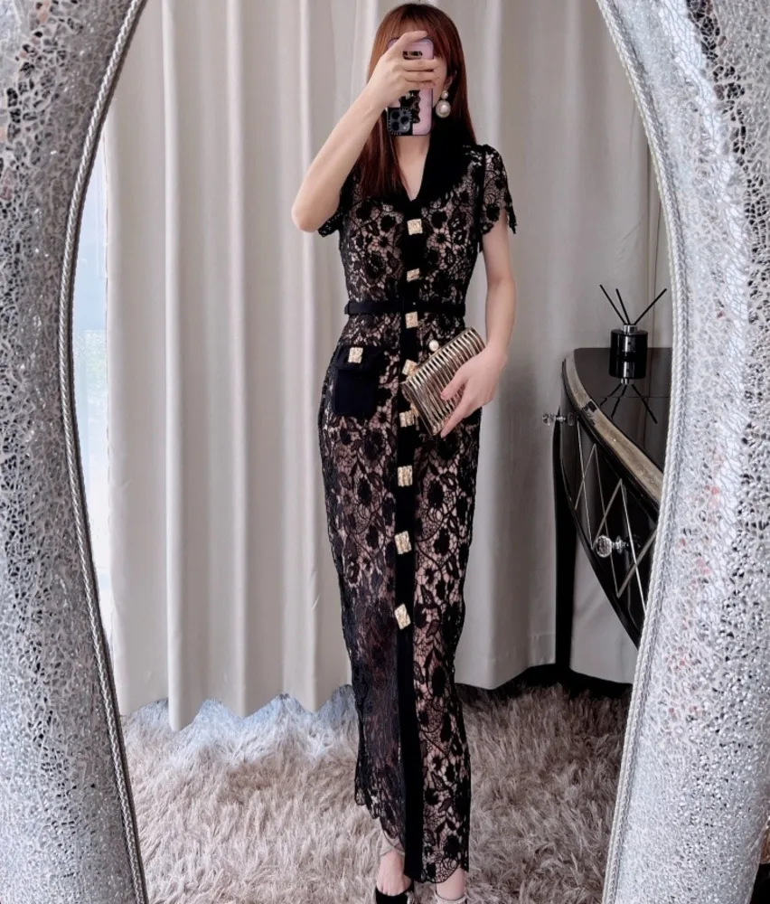 Black Lace Prom Dress Women Water Soluble Turn-down Collar Pockets Buttons Short Sleeve Slim Lady Pencil Midi Dresses Summer