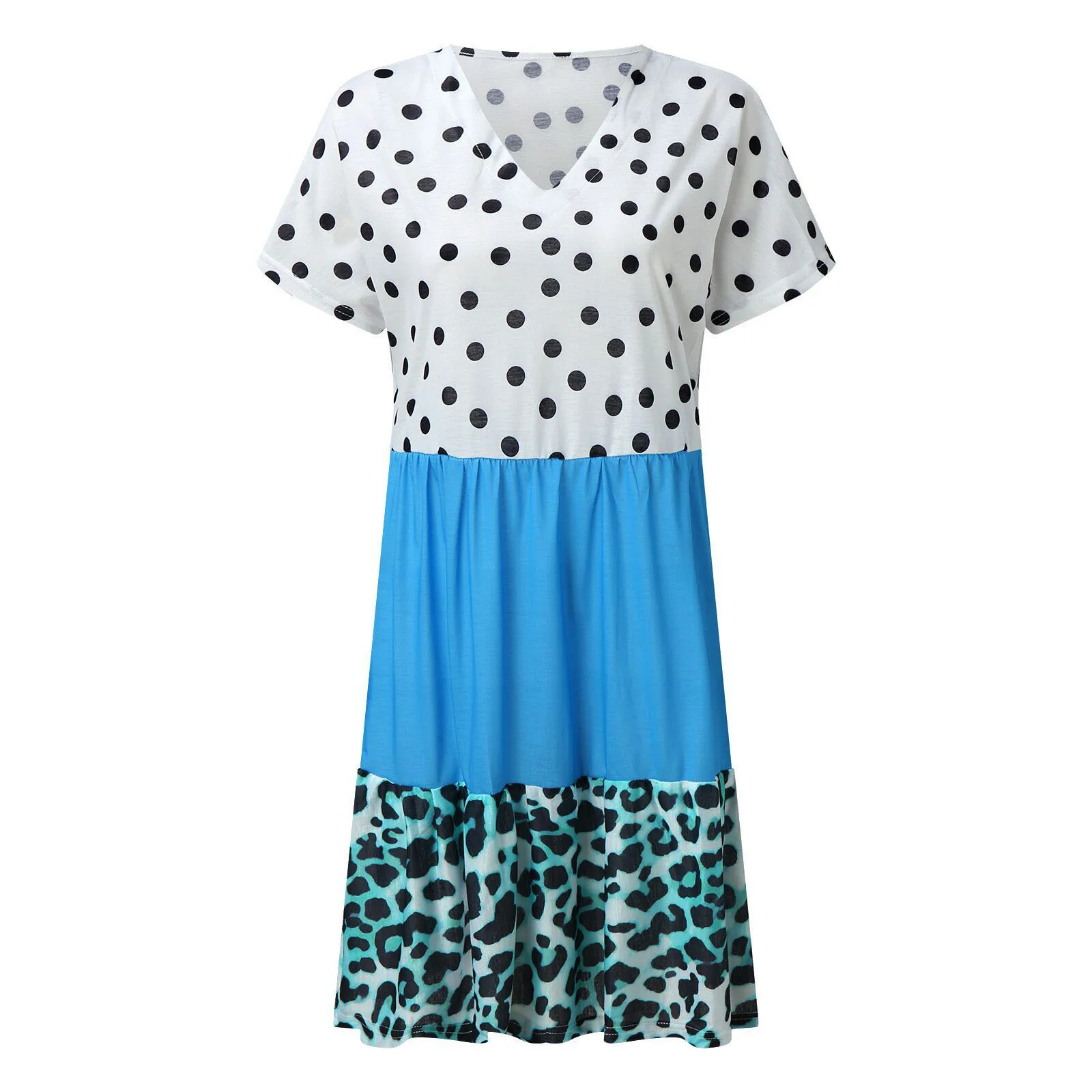 

Летнее контрастное женское платье в горошек с v-образным вырезом и короткими рукавами, однотонное платье-футболка