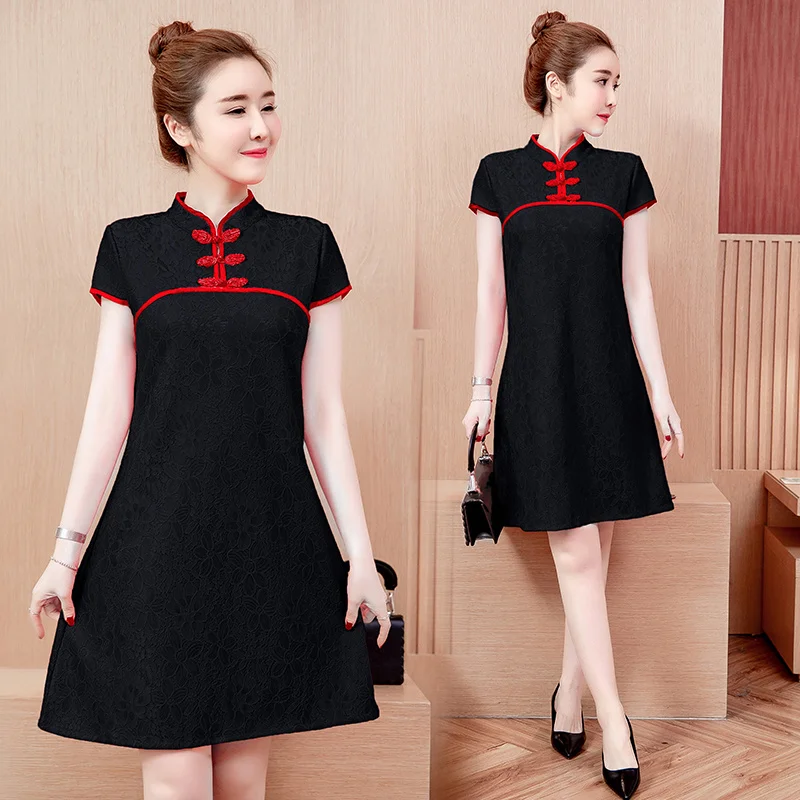 Модное улучшенное платье с коротким рукавом Черное Красное Кружевное летнее