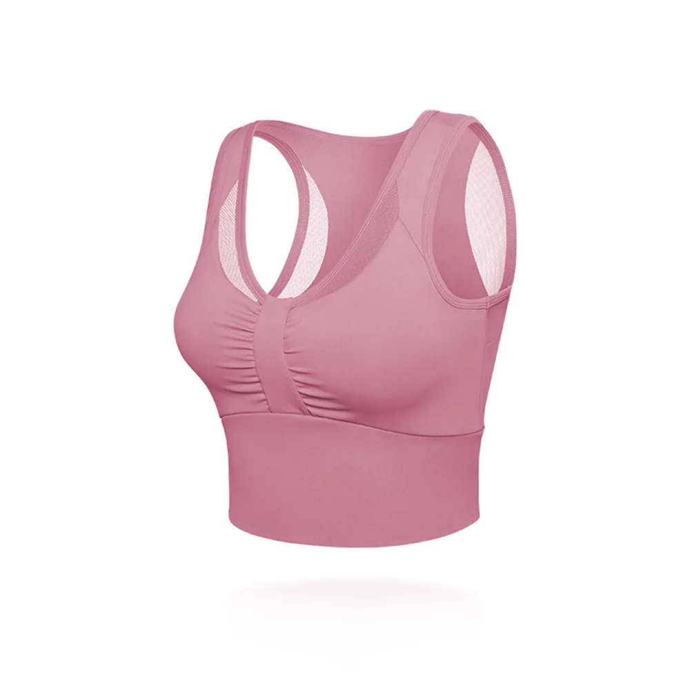

Women's Slim Fit Workout Crop Tank Top Sleeveless Open Navel Ruched Chest Bra Removable Chest Pad Splicing Mesh Design B2Cshop