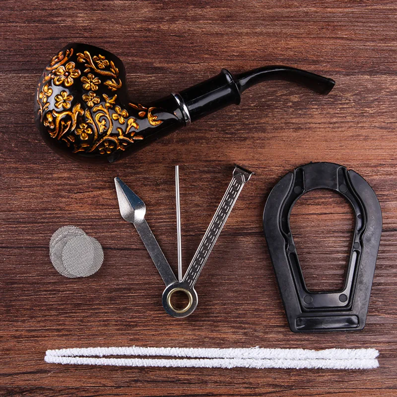 

Black Carved Resin Bakelite Smoking Pipe Set Retro Tobacco Pipe With Filter Send Pipe Tools Smoke Accessories CF292