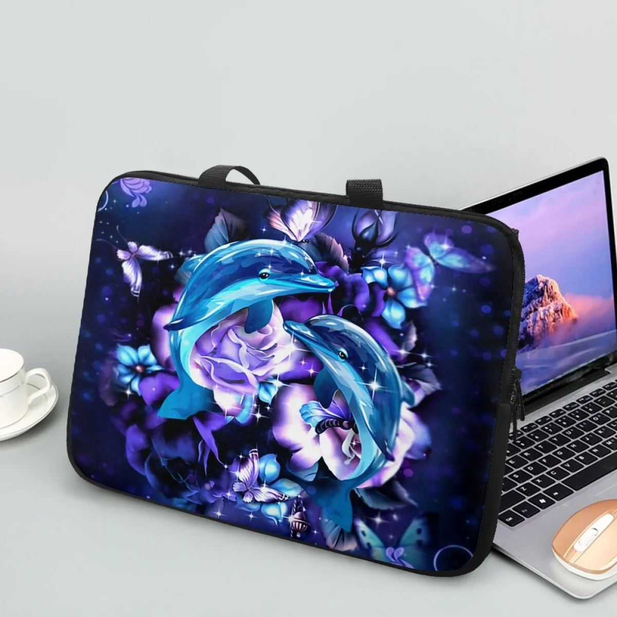 

Blue Dolphin Purple Rose Printed Laptop Bag Case Cover with Handle Universal Fashion Travel Portable Shoulder Handbag Briefcase