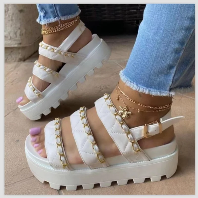 Platform high heels sandals Women's muffin heel round toe metal chain straight slope heel casual sandals women's sandals 2023
