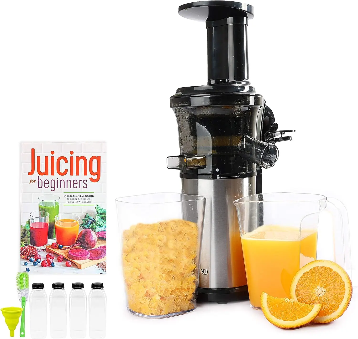 

Press Masticating Juicer With 16 oz Plastic Juice Bottles With Black Caps And Juicing Recipe Book, Includes Funnel And Brush Por