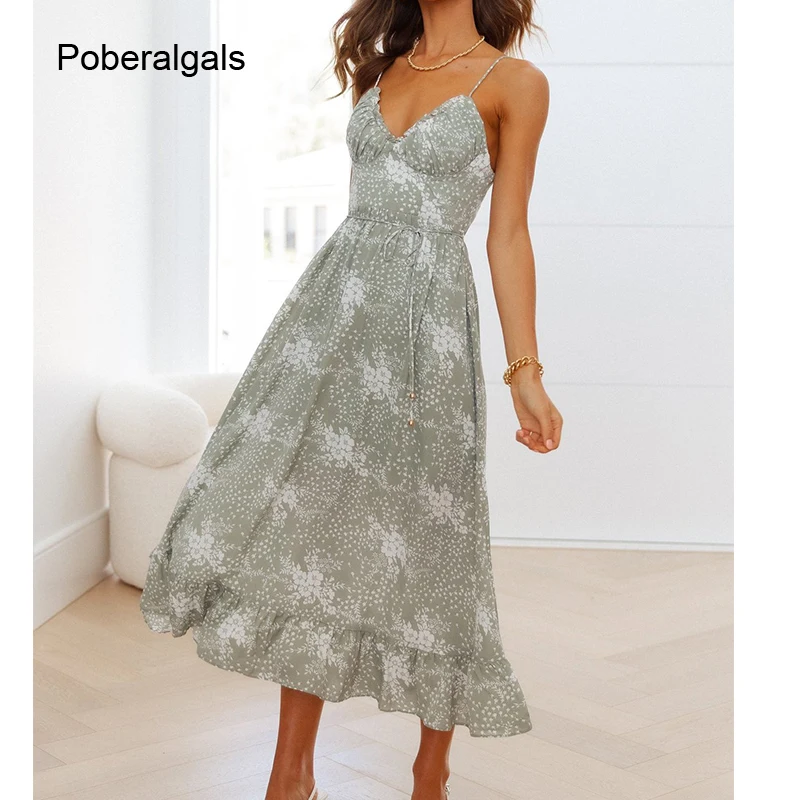 

Женское платье на бретельках-спагетти, Длинное Зеленое Платье макси с принтом, высокой талией и v-образным вырезом, праздничное платье в сти...