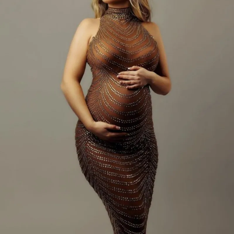 Transparent Maternity Dress Photography Gown Baby Shower Sexy Shiny Rhinestone Goddess Bodysuit Pregnant Woman Photo Shoot Props
