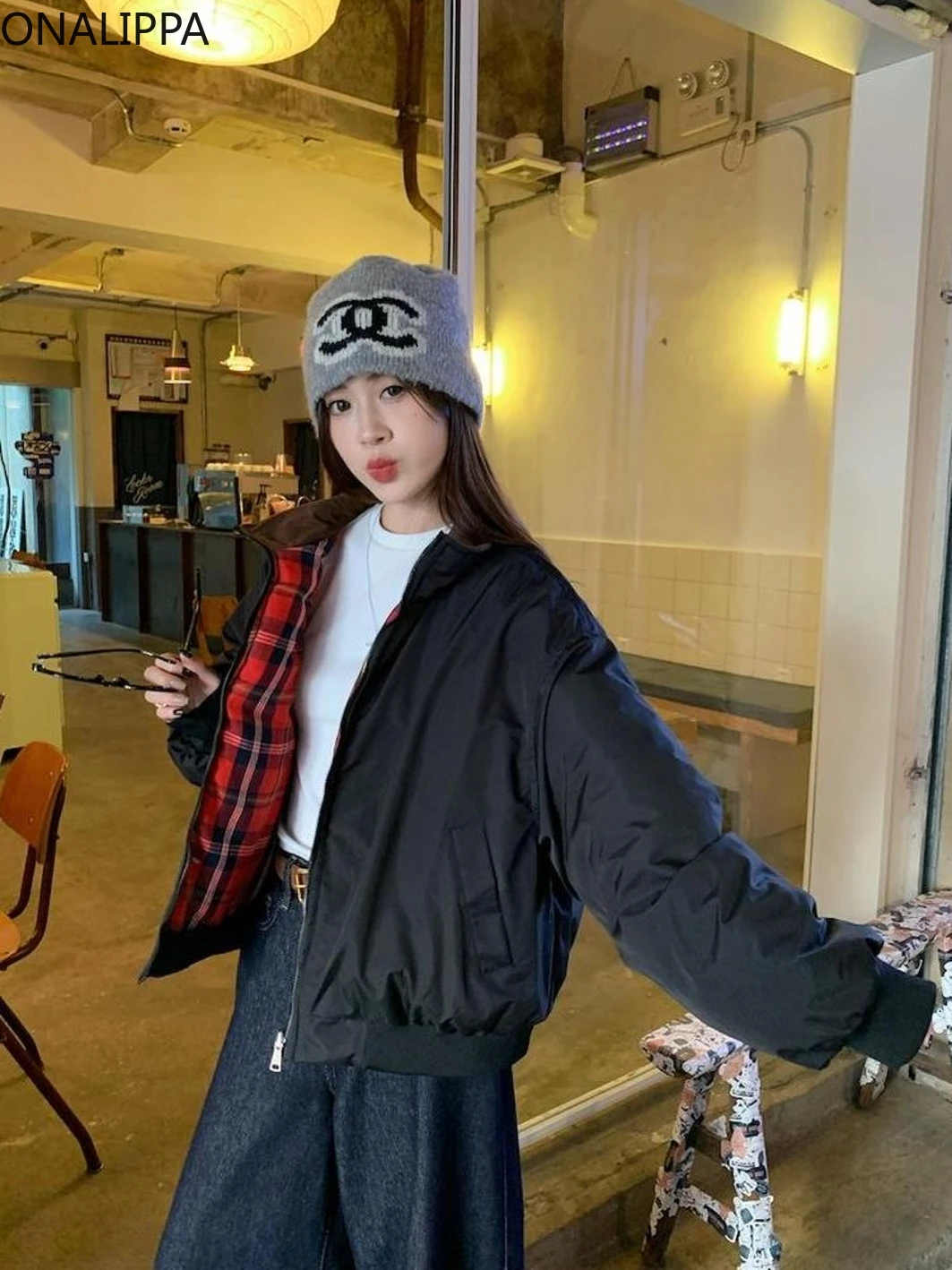 Женское Стеганое пальто Onalippa красное двухстороннее свободное зимнее с высоким