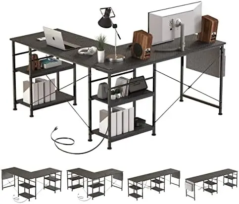 

Shaped Desk Corner Desk,95 Inch Reversible Home Office Desk with Storage Shelves, Large Computer Gaming Desk with Power Outlet,