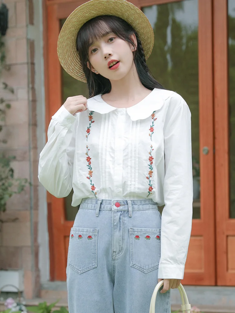 

Sweet Embroidery Flower White Long Sleeved Spring Autumn Top Shirts Fashion Blouses 2022 Cheap Vintage Clothes For Women Female