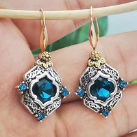 hot vintage blue crystal zircon dangle earrings for women classic carved pattern drop earrings women wedding anniversary gift