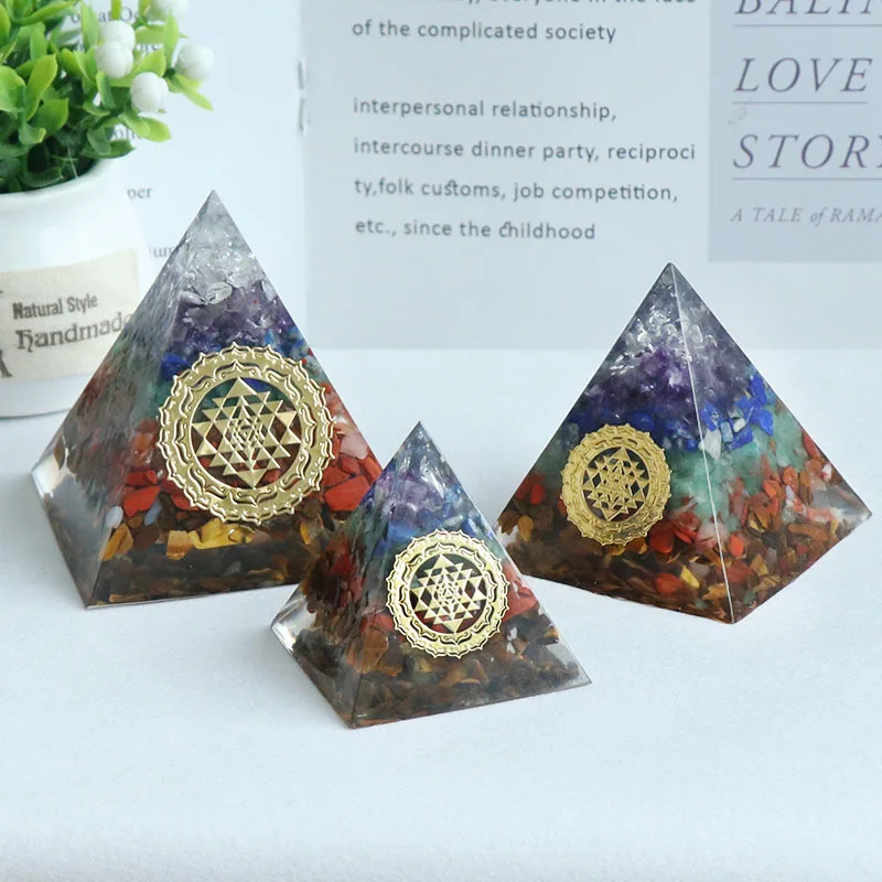 

Orgonite Seven Chakra Energy Pyramid Aura Divination Supplies Yoga Meditation Ornaments Resin Craft EMF Protection Lucky Stone