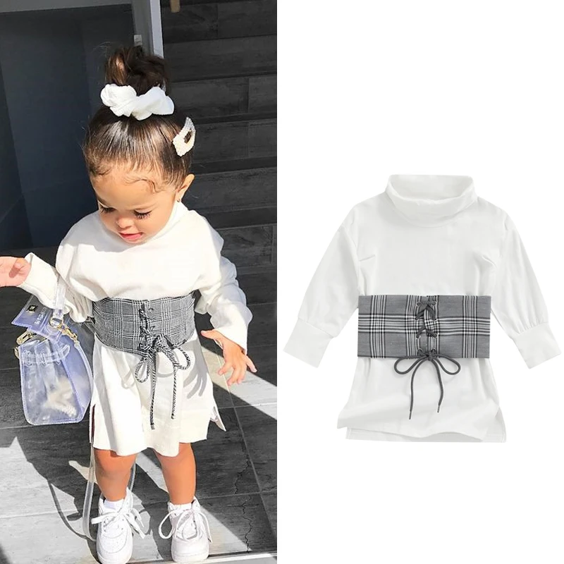 

1-5 Y Toddlers Girls Clothes Solid Color High Collar Long Sleeve Straight Dress with Adjustable Tie-Up Plaid Waist Belt 2pcs
