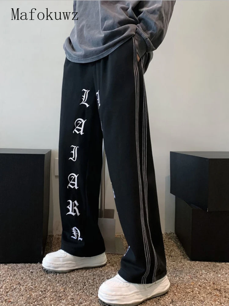 

Mafokuwz Bf Wide Leg Pants Loose Straight Hip Hop Autumn Winter Striped Sports Pants Women High Street Gothic Letter Trousers