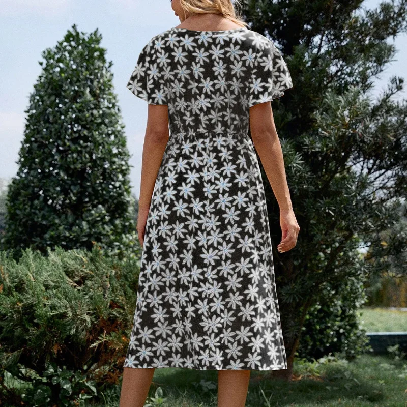 Vestidos Women Elegant A Line Floral Print MIdi Drsss Butterfly Short Sleeve V Neck Sundress Female High Waist Beach Party Dress | Женская