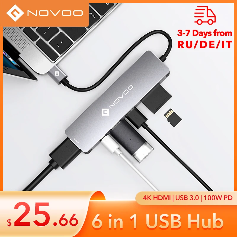 

NOVOO 6 in 1 USB 3.0 Hub for Nintendo Switch Type C to 4K HDMI 100W PD Thunderbolt 3 Adapter Laptop Docking Station for Macbook