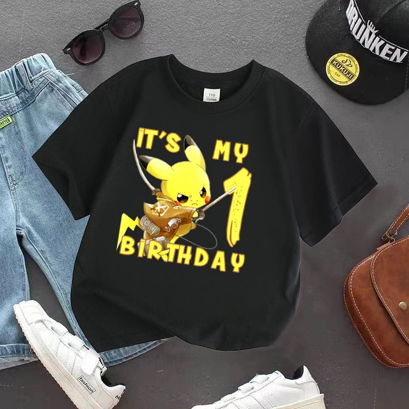

Хлопковая футболка для дня рождения с изображением Пикачу, футболки с изображением покемона, детских цифр, рубашка, топы с изображением аниме, летняя одежда для мальчиков и девочек, одежда с коротким рукавом