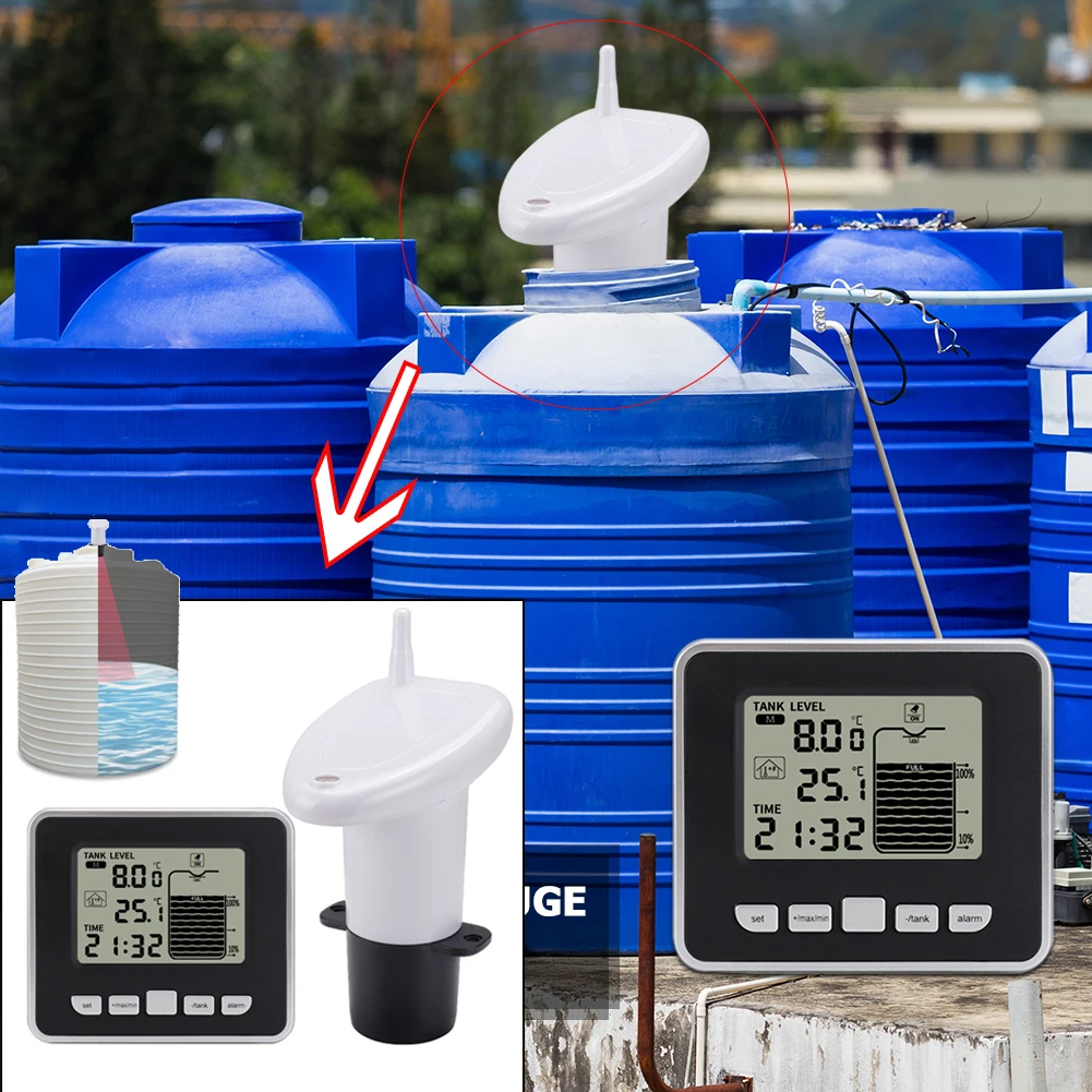 

Ultrasonic Water Tank Depth Level Meter Temperature Sensor Low battery Liquid Depth Indicator Time Alarm Transmitter Measuring