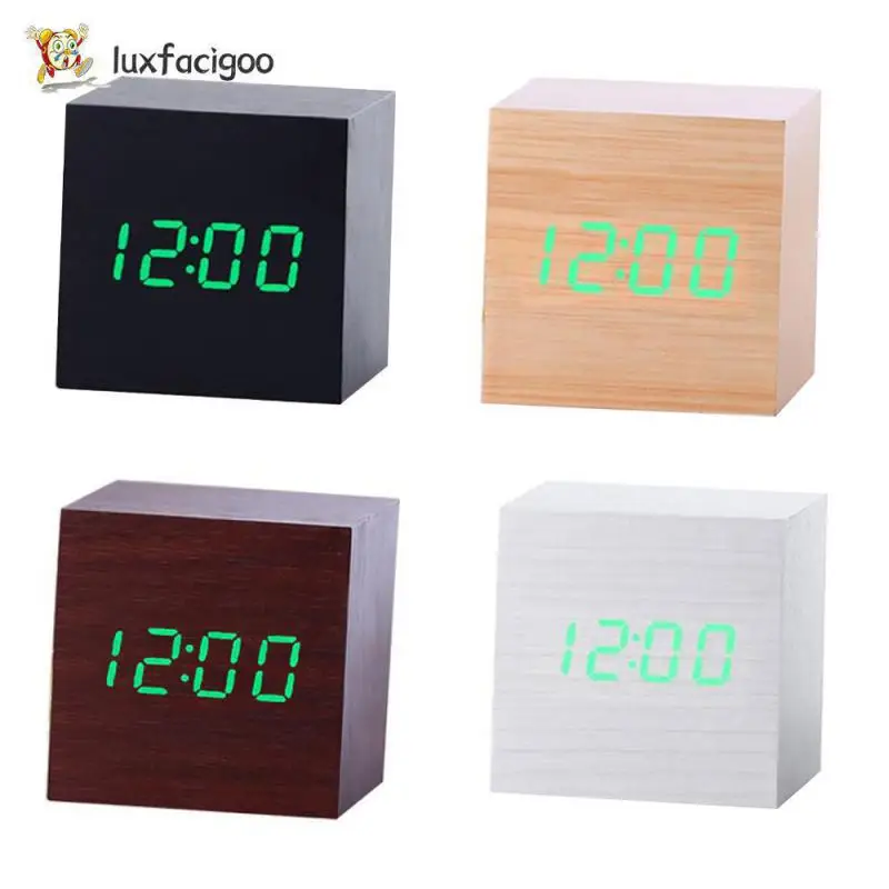 Modern Sound Control Square Desktop Table Digital Thermometer Wood Usb/aaa Date Display