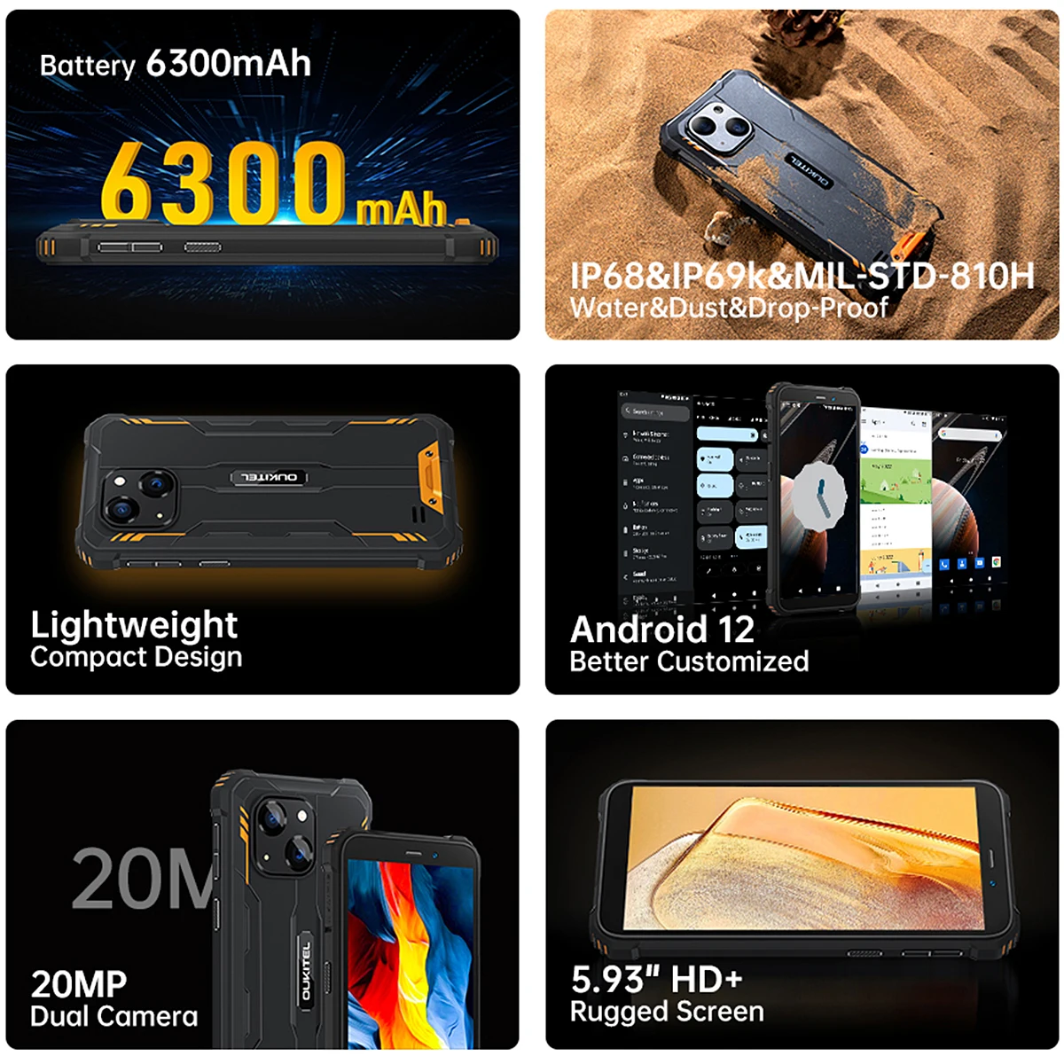 OUKITEL WP20 Rugged Smartphone 5.93'' HD+Display 4G+32G 6300 mAh Android 12 IP68&IP69K Quad Core 20MP Cameras Cell Phone