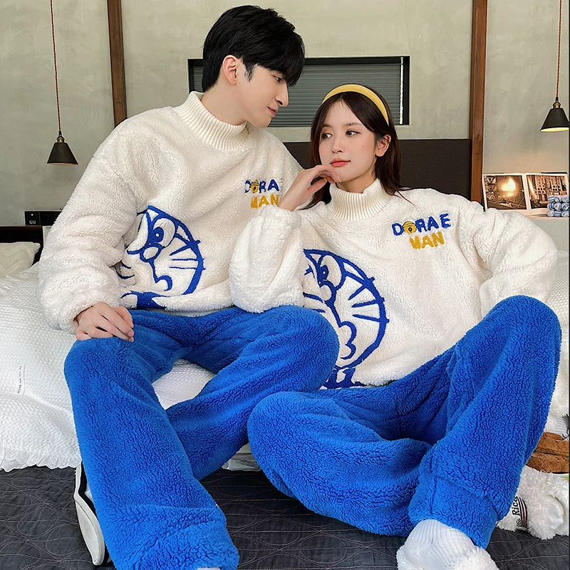 

Winter Thicken Couples Pajamas Women Men Cartoon Doraemon Nigearhtgown Korean Loose Pyjamas Soft Warm Sleepwear Homewear Suits