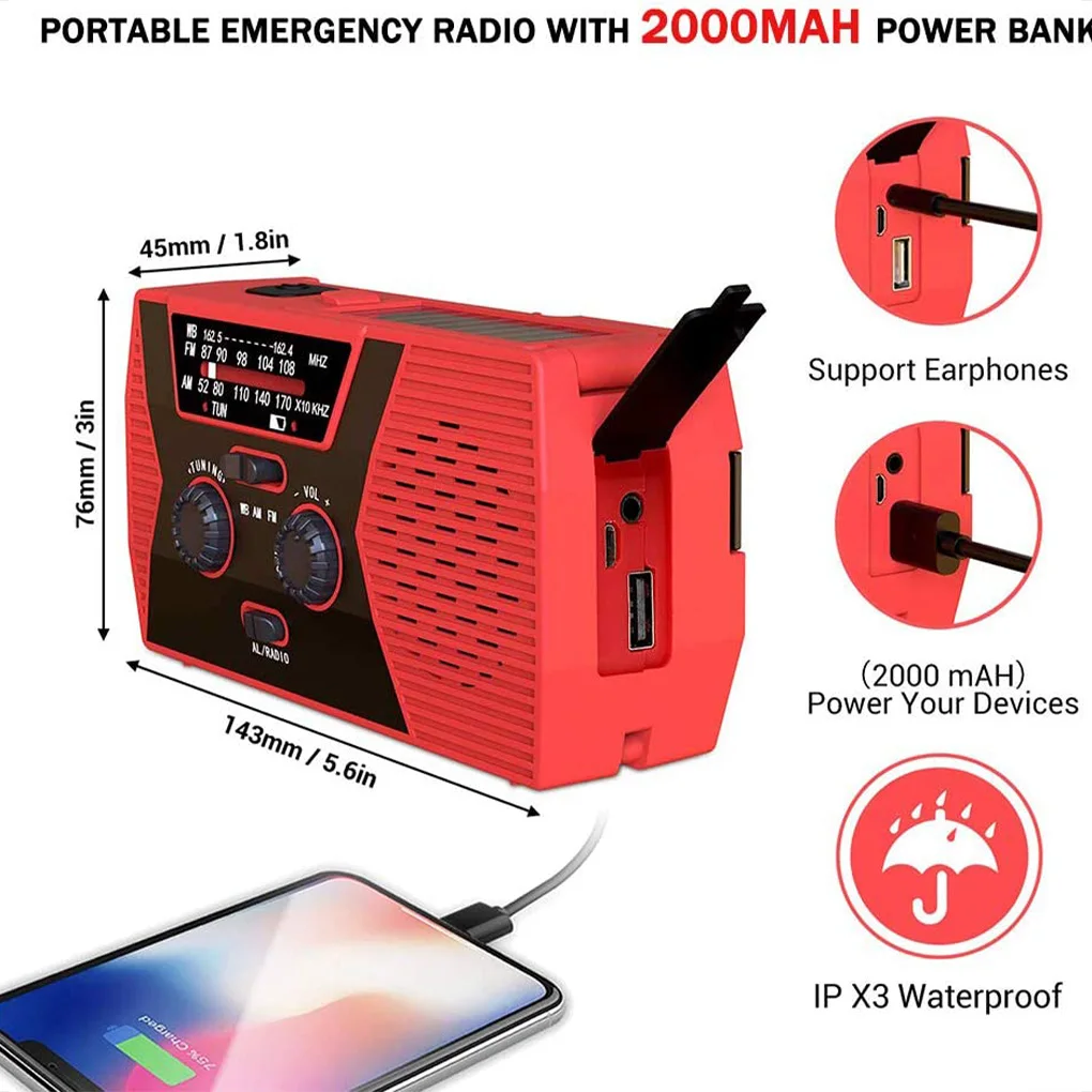 emergency solar power hand crank generator 2000mah bank amfm radio dynamo led flashlight phone charger free global shipping