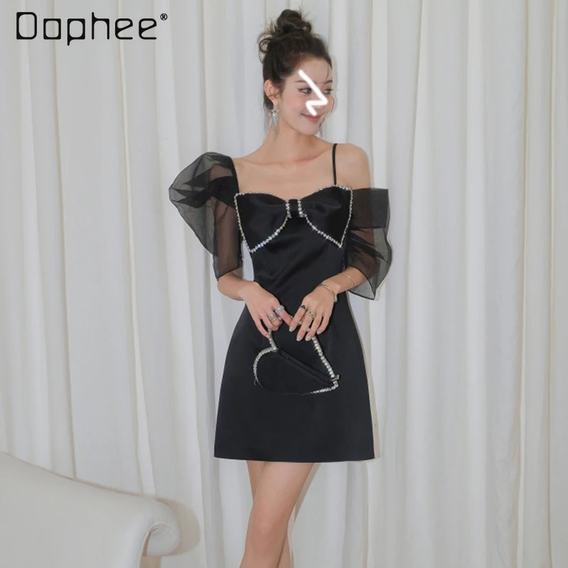 

Женское платье с открытыми плечами, Сетчатое платье на бретелях с бантом, сказочное платье мини со стразами на талии во французском стиле, л...