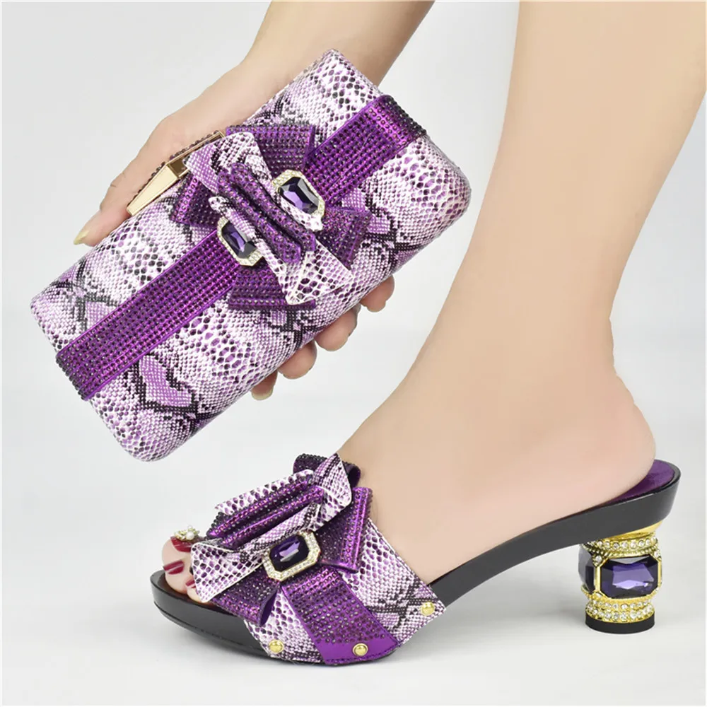 

The Purple Color Italian Elegant Shoes for Women Bag Set for Party and Wedding Cristal High Quality Tile Drill Face Design