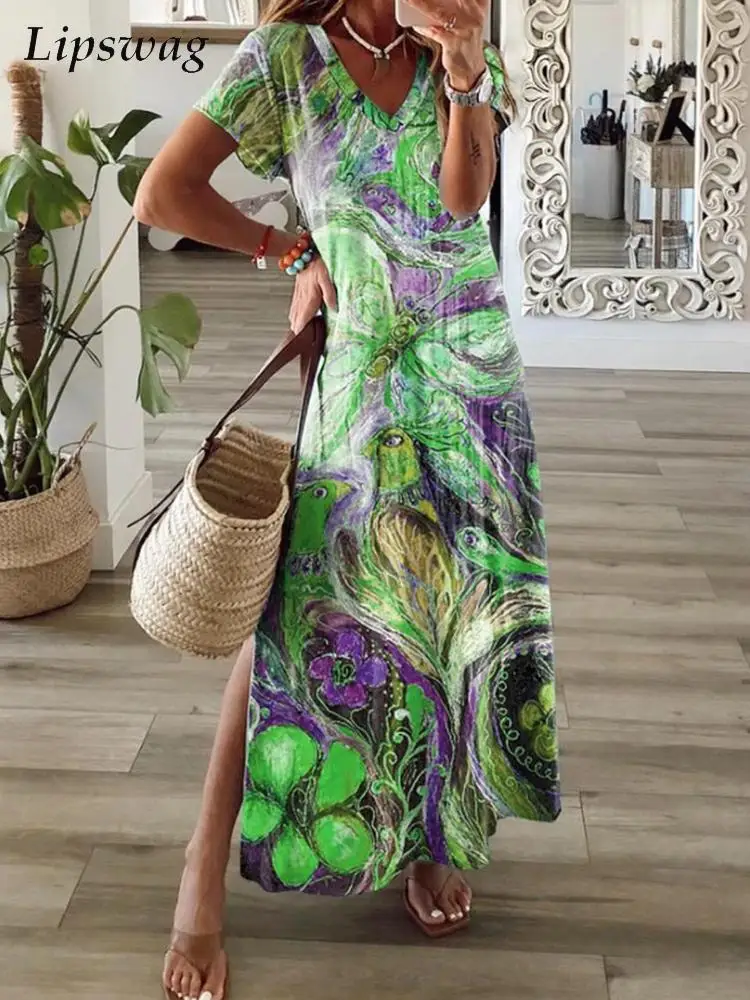 

Женское платье с V-образным вырезом, коротким рукавом и разрезовечерние