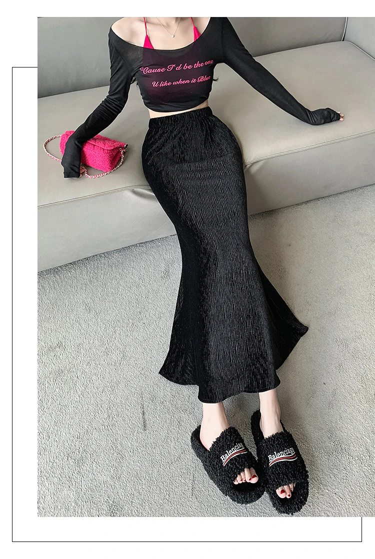 Юбка-годе плиссированная бархатная с высокой талией на осень и зиму