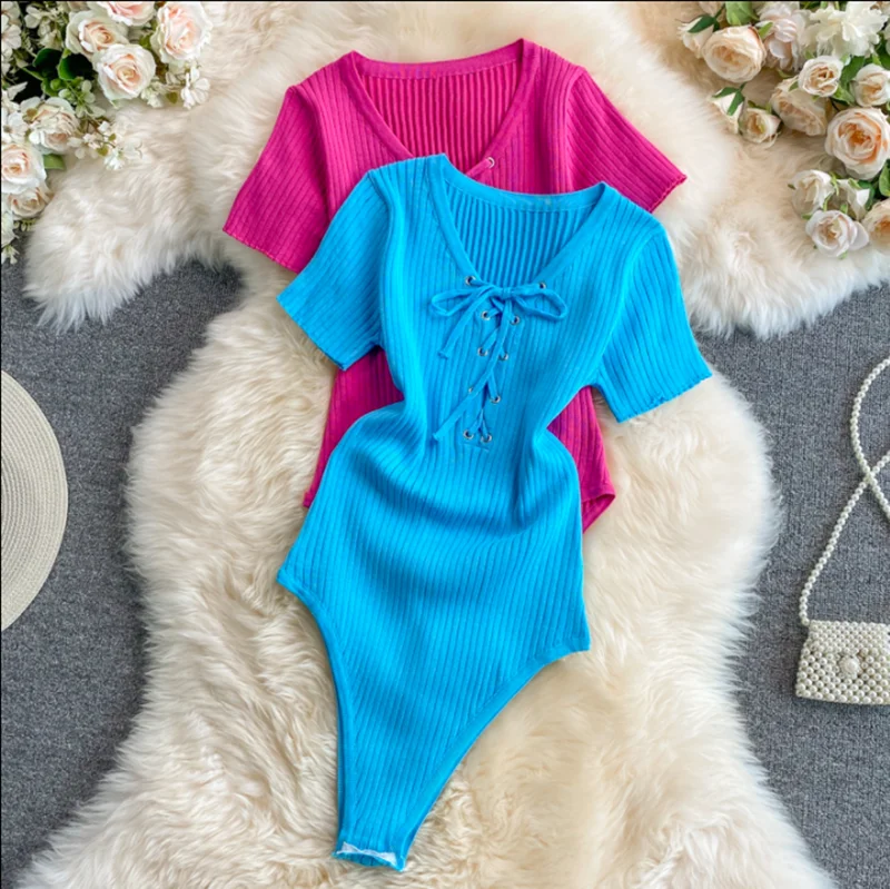 

Knitting Bodysuits Women 2022 Summer Beach Style Playsuit Back Lace Up High Waist Short-Sleeve Bodysuits Red Blue BlackFor Women