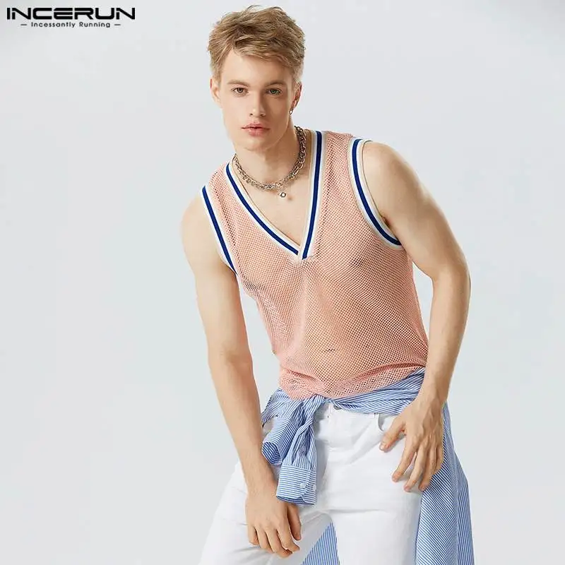 

INCERUN Tops 2023 Handsome New Men's Micro Transparent Mesh Tank Tops Sexy All-match Male Patchwork Stripe Thin Waistcoat S-5XL