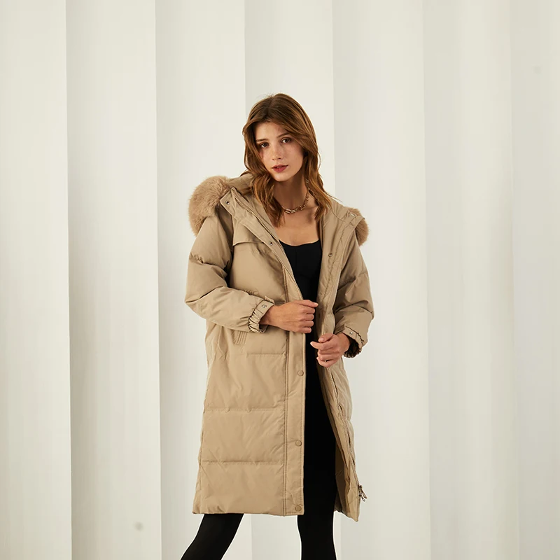 Khaki Light Brown Long Down Jacket Fur Hood Female Womens Winter Coat Thick Warm Long Real Duck Down Jacket with Fur For Women