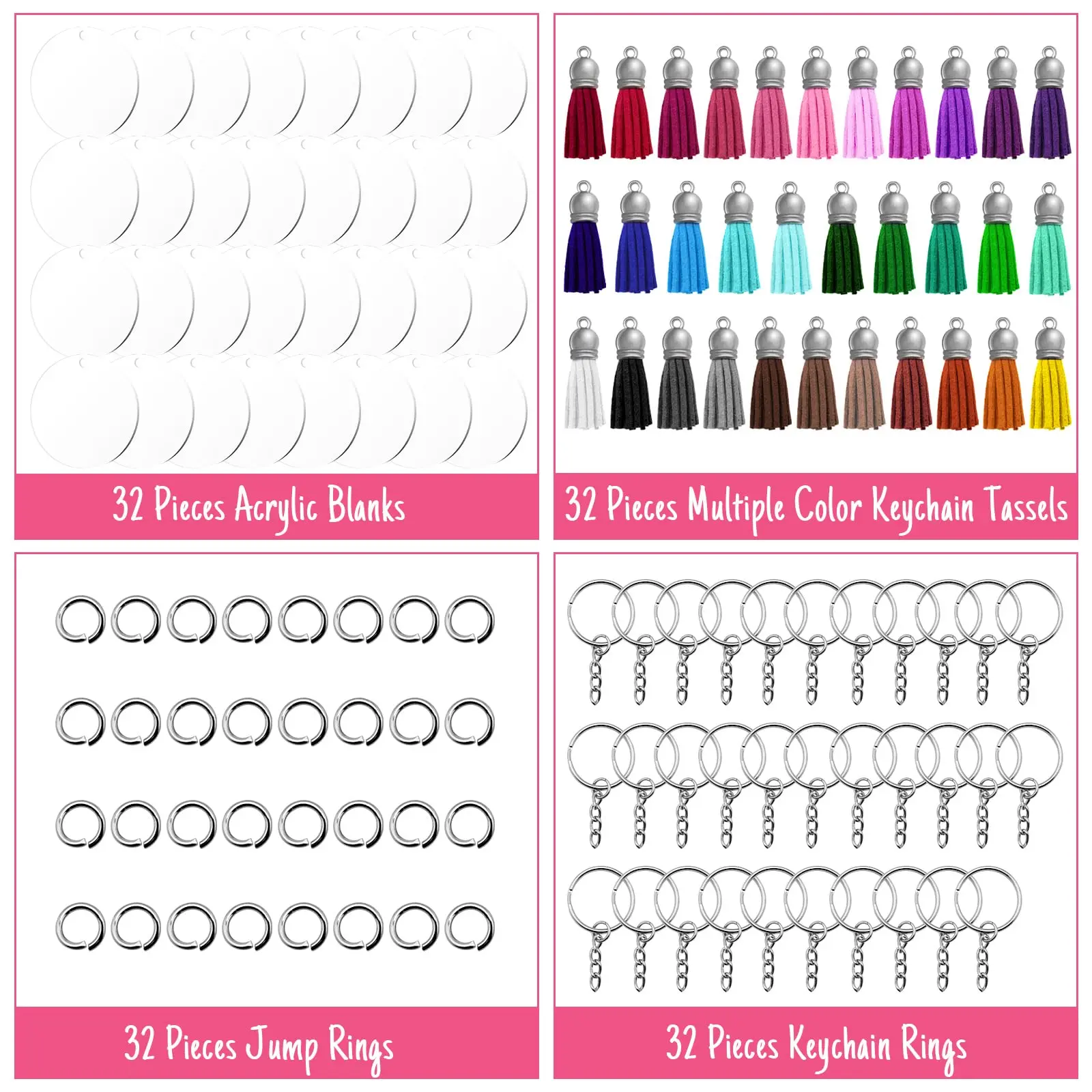 

128 PCS Acrylic Keychain Blanks Tassels Rings With Chain Jump Rings Clear Key Chains Blanks Kit For Vinyl Projects