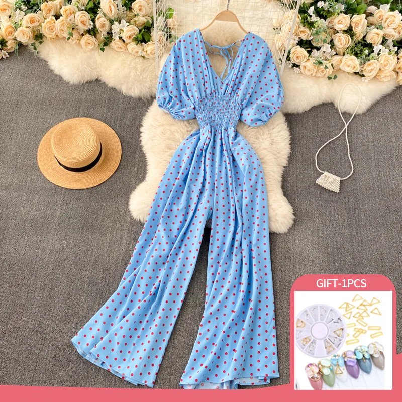 

Sexy Jumpsuit Women Summer Thin Wide Leg Pants Casual Office Elegant V-Neck Short Sleeve Polka Dot High Waist Femme Trousers