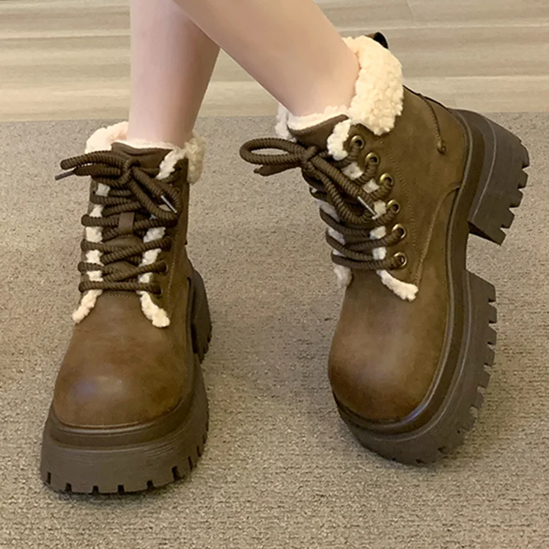 Women Winter Snow Boots Chunky Platform Fur Warm Ankle Shoes 2025 Mid Heels Suede Woman Chelsea Short Plush Cotton