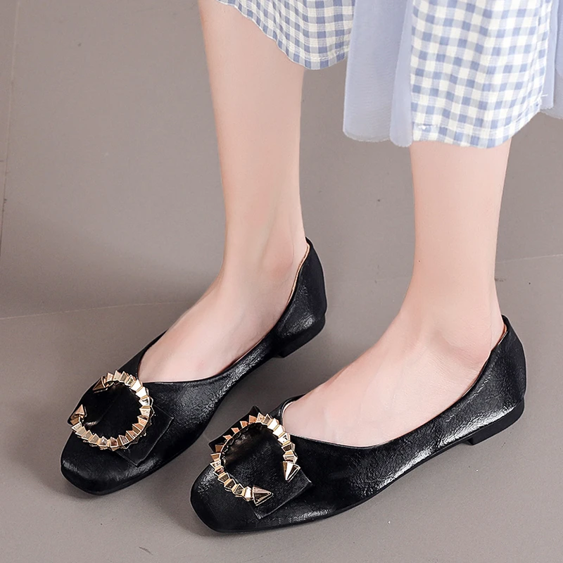 

DOGHC Women's Shoes Fashion Solid Color Shallow Mouth Cover Gold Ring Square Toe Flat Heel Single Shoes Women Flat Shoes