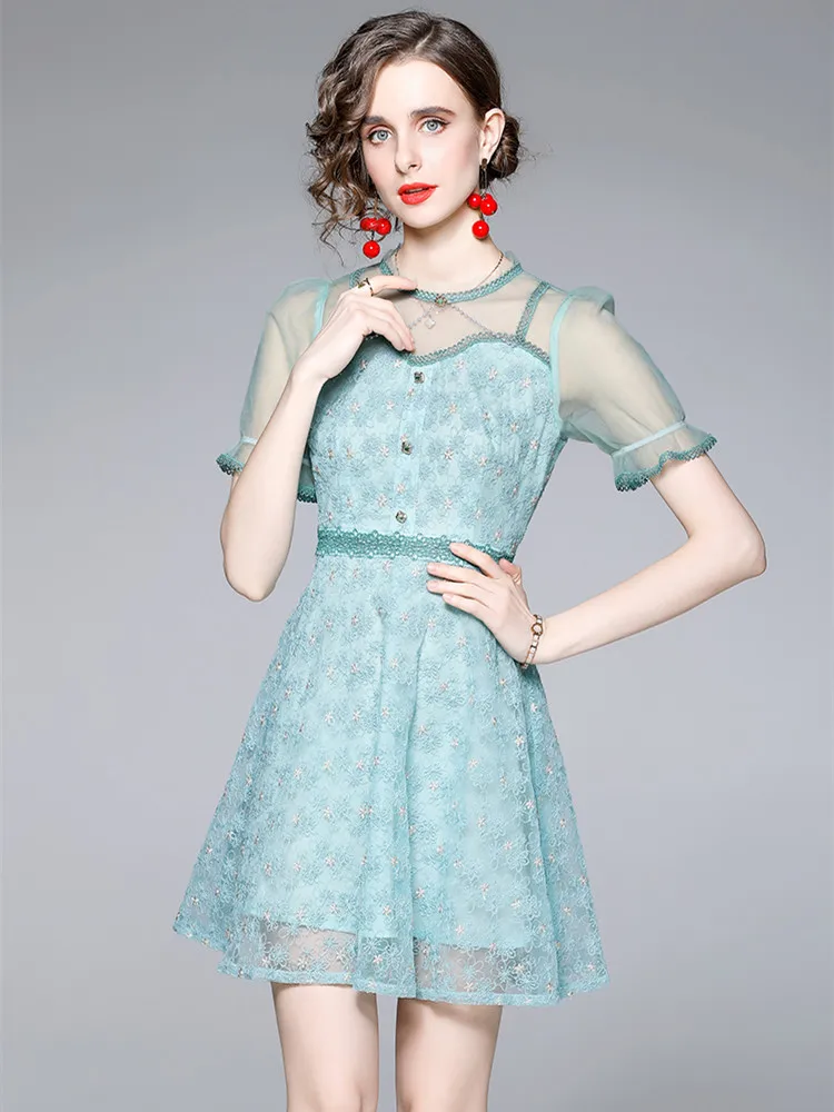 

Runway Beaded Embroidery Mesh Lace Dresses Women's Elegant Designer Patchwork High Waist Mini Dress 2022 Summer Vestidos