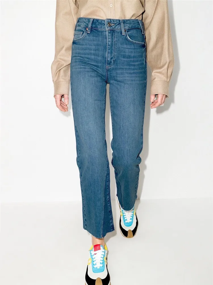 2022 New Color Patchwork Denim Pants for Women High Waist Loose Spring Summer Vintage Ladies Flared Jeans