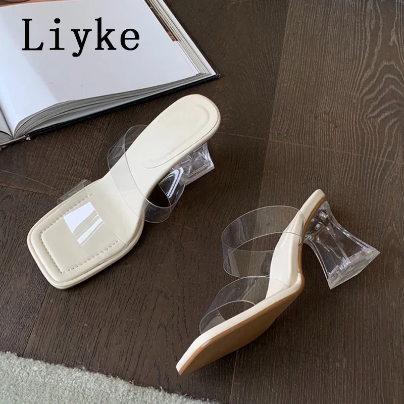 

Liyke Strange Style Crystal Perspex High Heels Mules Slippers Outdoor Square Toe Transparent Jelly Sandals Green Shoes For Women