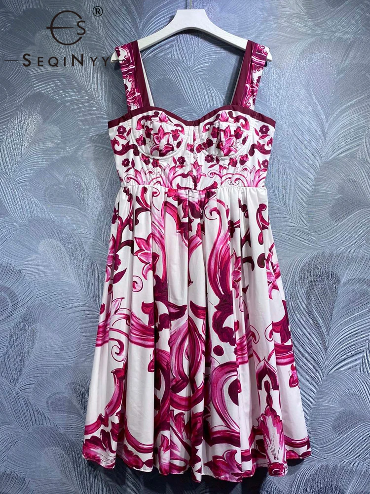 

Женское платье без бретелек SEQINYY, модельное винтажное платье из 100% хлопка, с красным цветочным принтом Сицилия, лето-весна