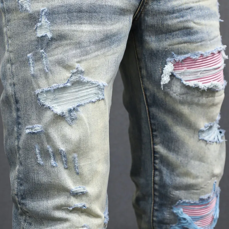 Уличные модные мужские джинсы в стиле ретро потертые синие Стрейчевые рваные